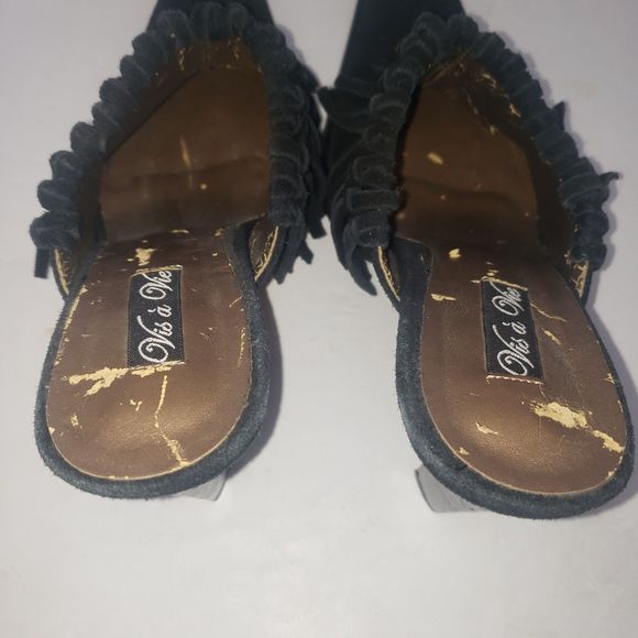 VINTAGE Vis a Vie Black Suede Fringe Mules Heels Bootie Square Toe Shoes Size 7 - Picture 8 of 11
